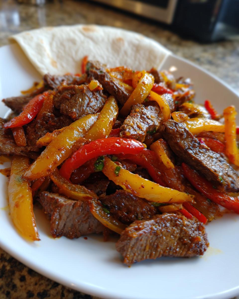 A close-up of seasoned steak fajitas mixed with vibrant red and yellow bell peppers, served with a warm tortilla.