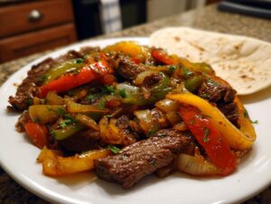 A close-up of sizzling steak fajitas with colorful bell peppers and onions, served with a warm tortilla.