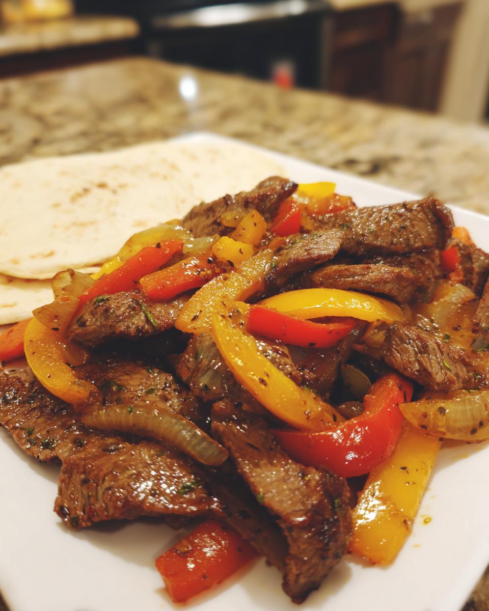 A plate of sizzling steak fajitas mixed with sautéed red and yellow bell peppers and onions, served with tortillas.