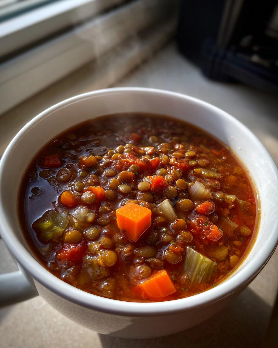 Close-up of a white mug filled with steaming, hearty lentil soup featuring visible carrots, celery, and tomatoes.