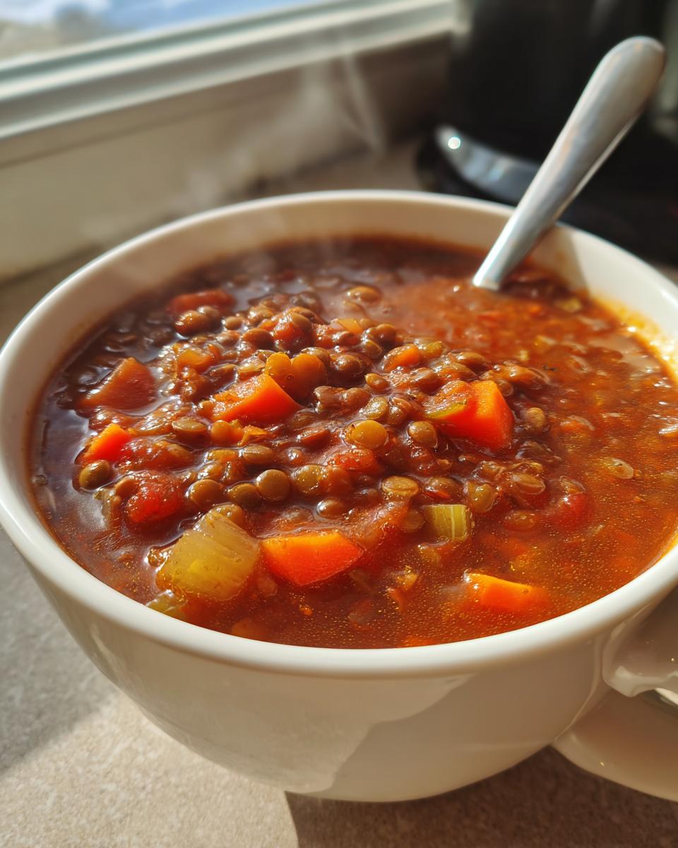 Close-up of a steaming white bowl filled with rich, hearty lentil soup featuring visible carrots and celery.