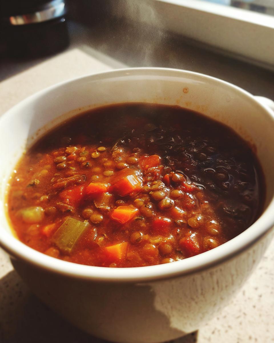 Close-up of a steaming white bowl filled with rich, brown lentil soup containing visible carrots and celery.