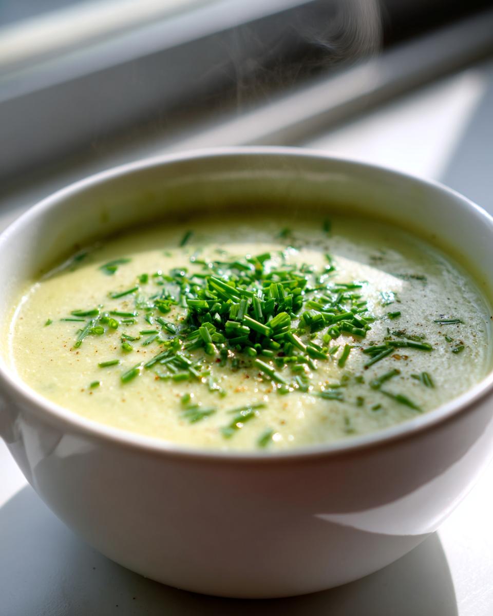 Close-up of a steaming white bowl filled with creamy potato leek soup, topped generously with fresh chopped chives.