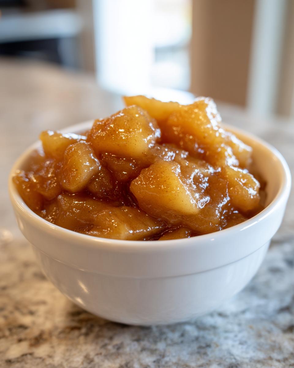 A white bowl filled with glossy, spiced apple pie filling, showing chunks of soft apples coated in thick sauce.