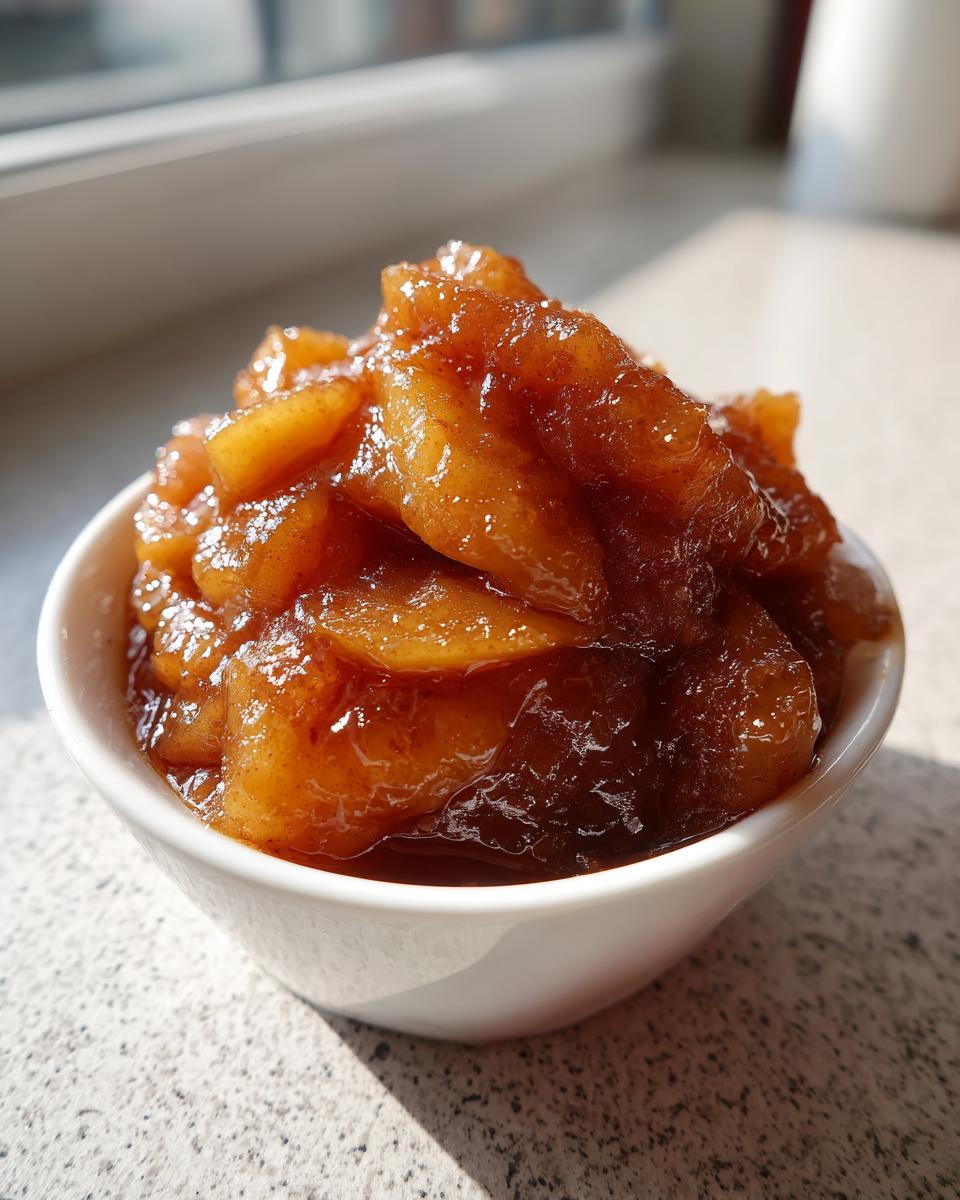 Close-up of glistening, spiced apple pie filling piled high in a small white bowl.