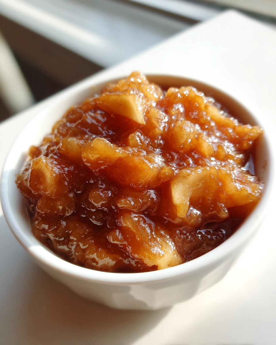 Close-up of thick, glossy, spiced apple pie filling served in a small white bowl.