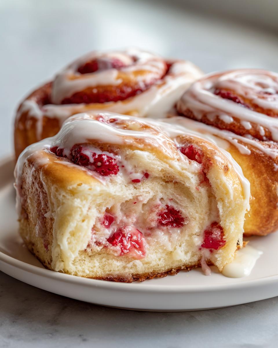 A close-up shot showing a soft, gooey interior of one of the Strawberry Cheesecake Sweet Rolls, drizzled with white icing.