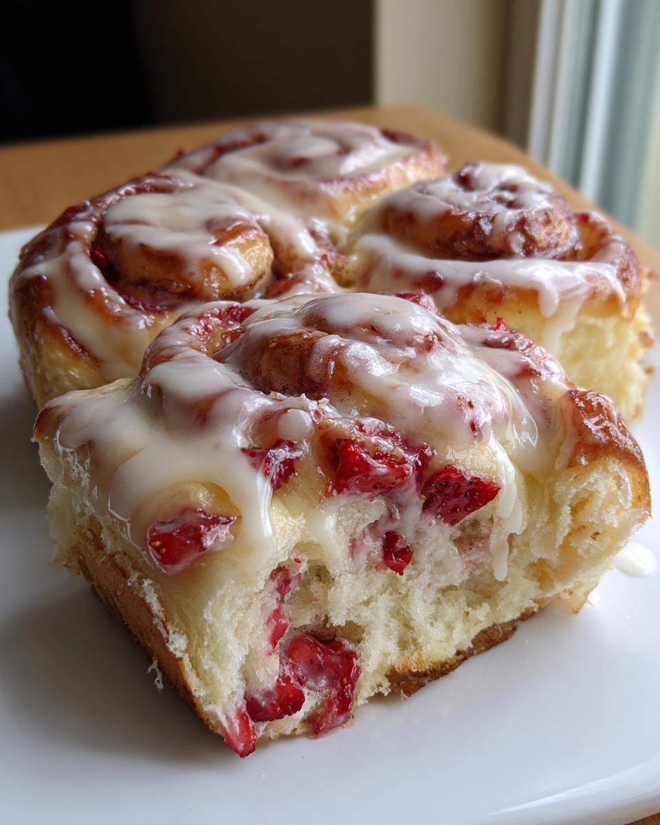 A close-up showing a soft, fluffy interior filled with strawberries in one of the Strawberry Cheesecake Sweet Rolls, drizzled with cream cheese icing.