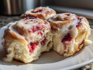 A close-up of soft Strawberry Cheesecake Sweet Rolls, one split open to show the filling and covered in thick cream cheese icing.
