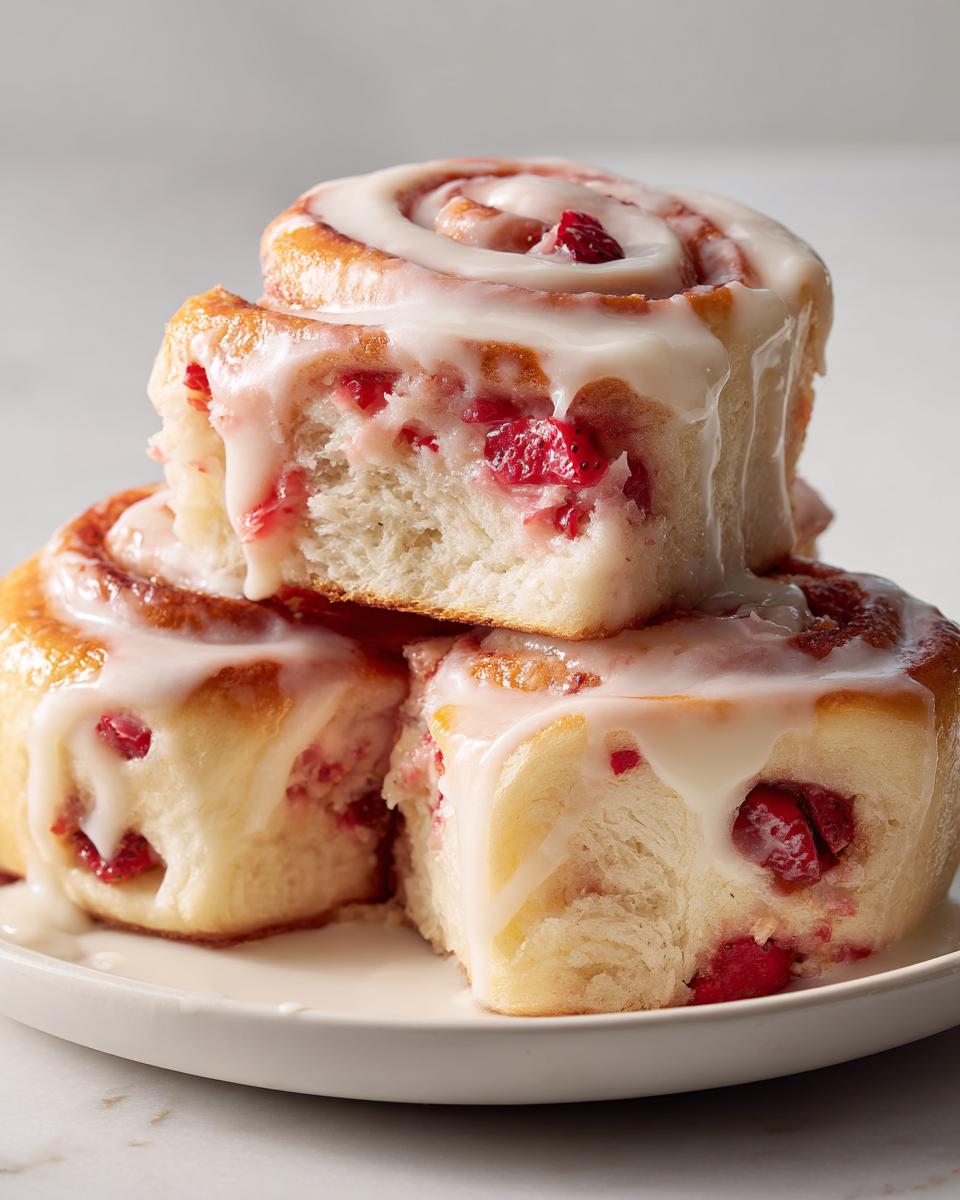 Three stacked Strawberry Cheesecake Sweet Rolls covered in thick white cream cheese icing, showing soft dough and bright red strawberry filling.