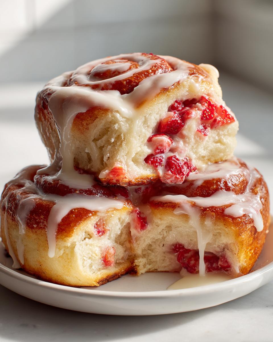Two stacked, gooey Strawberry Cheesecake Sweet Rolls dripping with white cream cheese icing and filled with bright red strawberries.