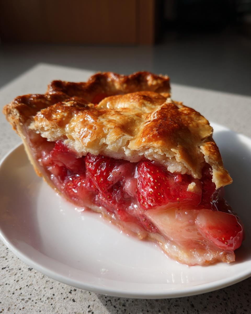 A close-up of a juicy slice of strawberry rhubarb pie showing bright red filling and a golden, flaky top crust.