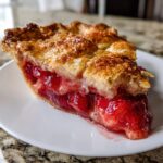 Close-up of a juicy slice of strawberry rhubarb pie with a flaky, golden-brown crust.