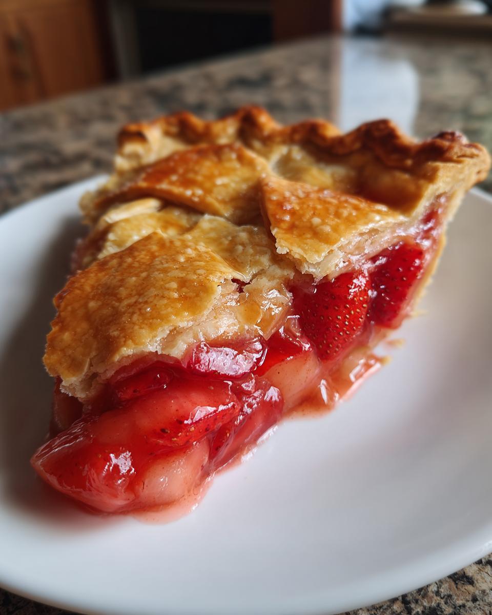 Close-up of a juicy slice of strawberry rhubarb pie showing bright red filling and golden, flaky crust.