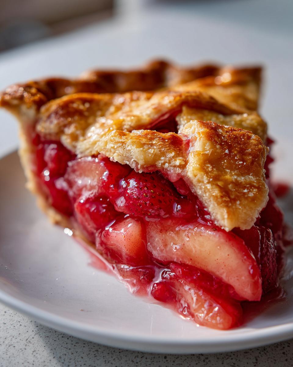 Close-up of a juicy slice of strawberry rhubarb pie with a golden, flaky lattice crust.