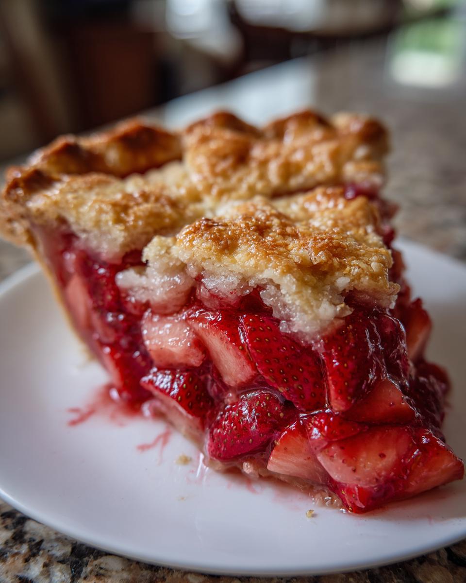 Close-up of a thick slice of strawberry rhubarb pie showing juicy strawberry filling and a golden, sugary crumb topping.