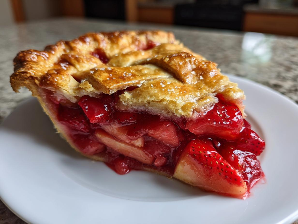 Close-up of a generous slice of strawberry rhubarb pie showing juicy filling and a golden lattice crust.