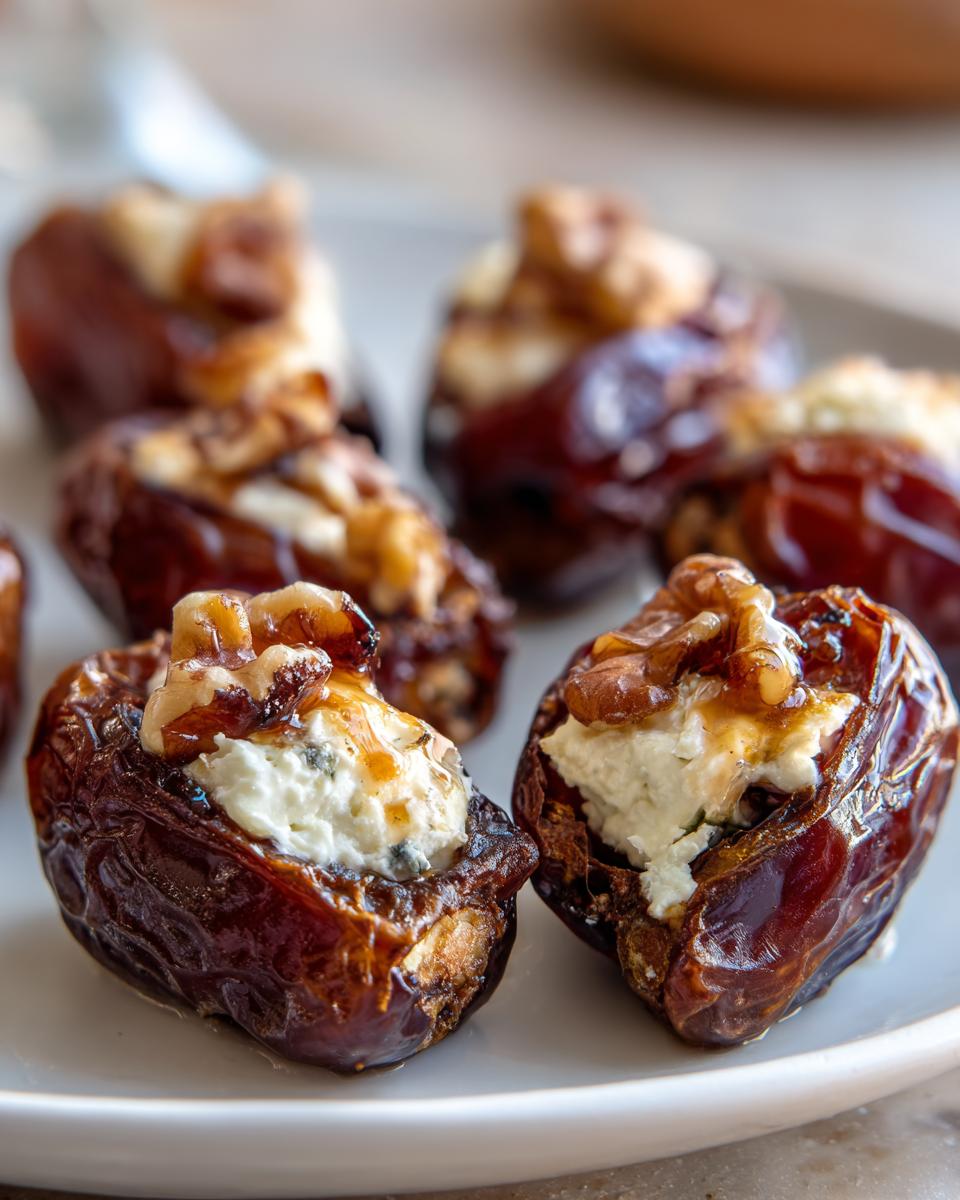 Close-up of several delicious stuffed dates filled with cream cheese, topped with a walnut piece and drizzled with honey.