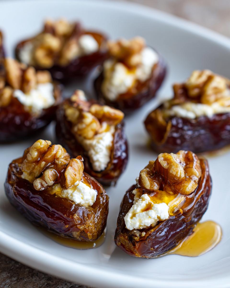Close-up of sweet stuffed dates filled with creamy cheese, topped with walnuts and drizzled with honey.