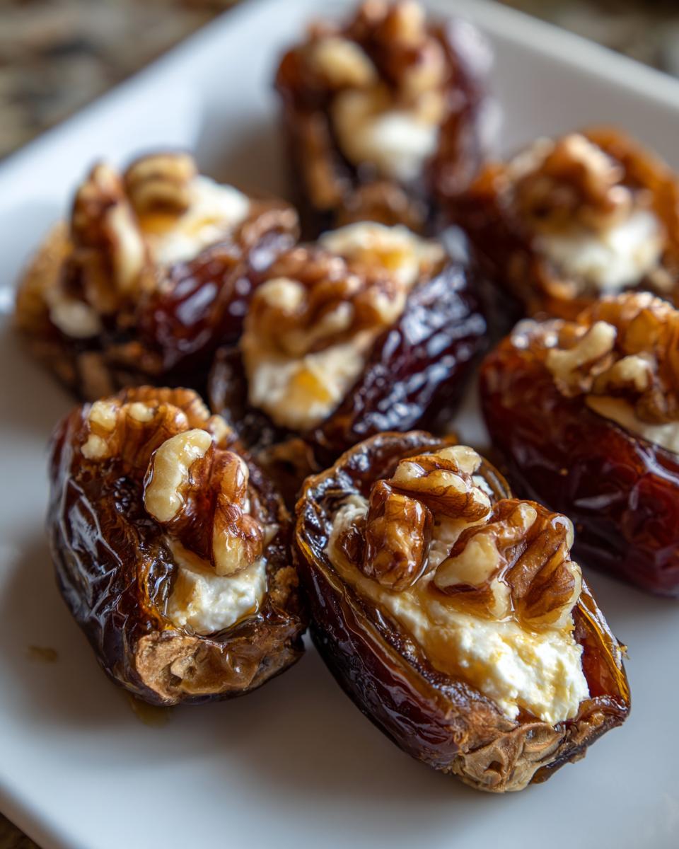 Close-up of several stuffed dates filled with cream cheese and topped with a walnut half, drizzled with honey.