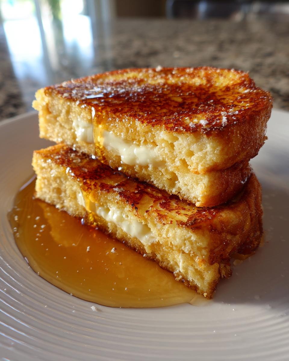 Two stacked slices of golden brown stuffed french toast oozing cream cheese and drizzled with syrup.