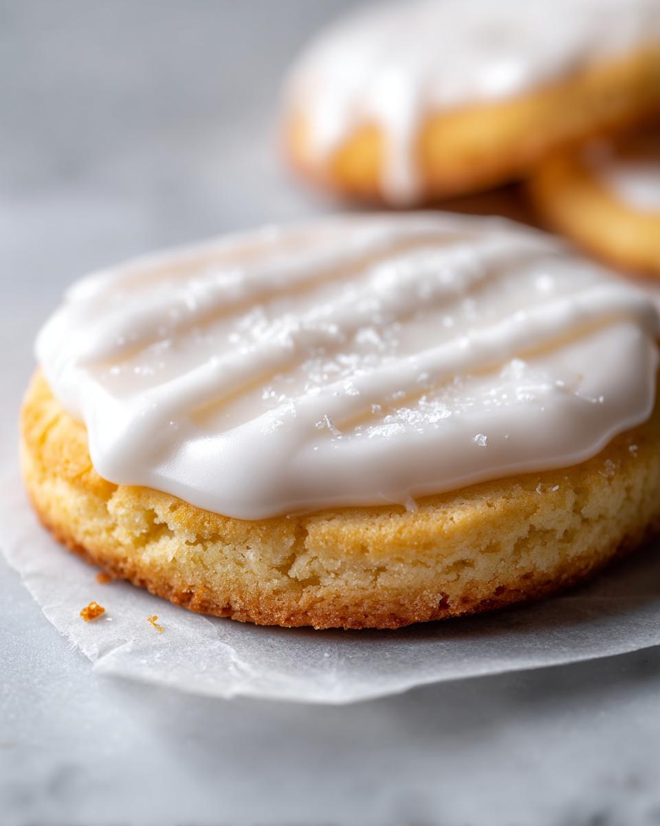 Close-up of a soft, round sugar cookie topped with thick, white, drizzled sugar cookie icing.