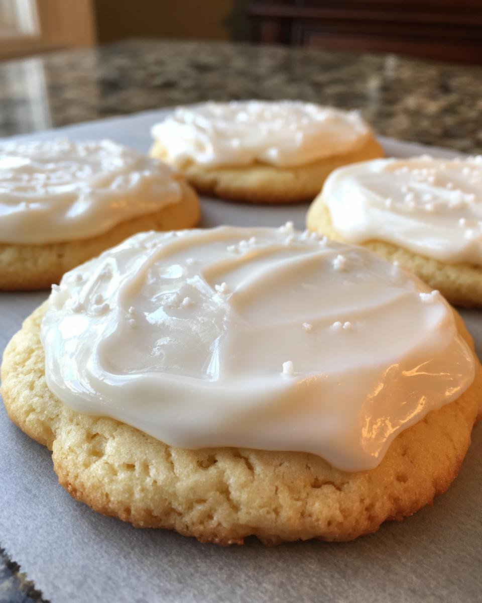 Close-up of soft sugar cookie icing spread thickly on a baked sugar cookie, sprinkled with white nonpareils.