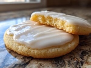 Two soft sugar cookies topped with thick, glossy white sugar cookie icing, one cookie broken in half.