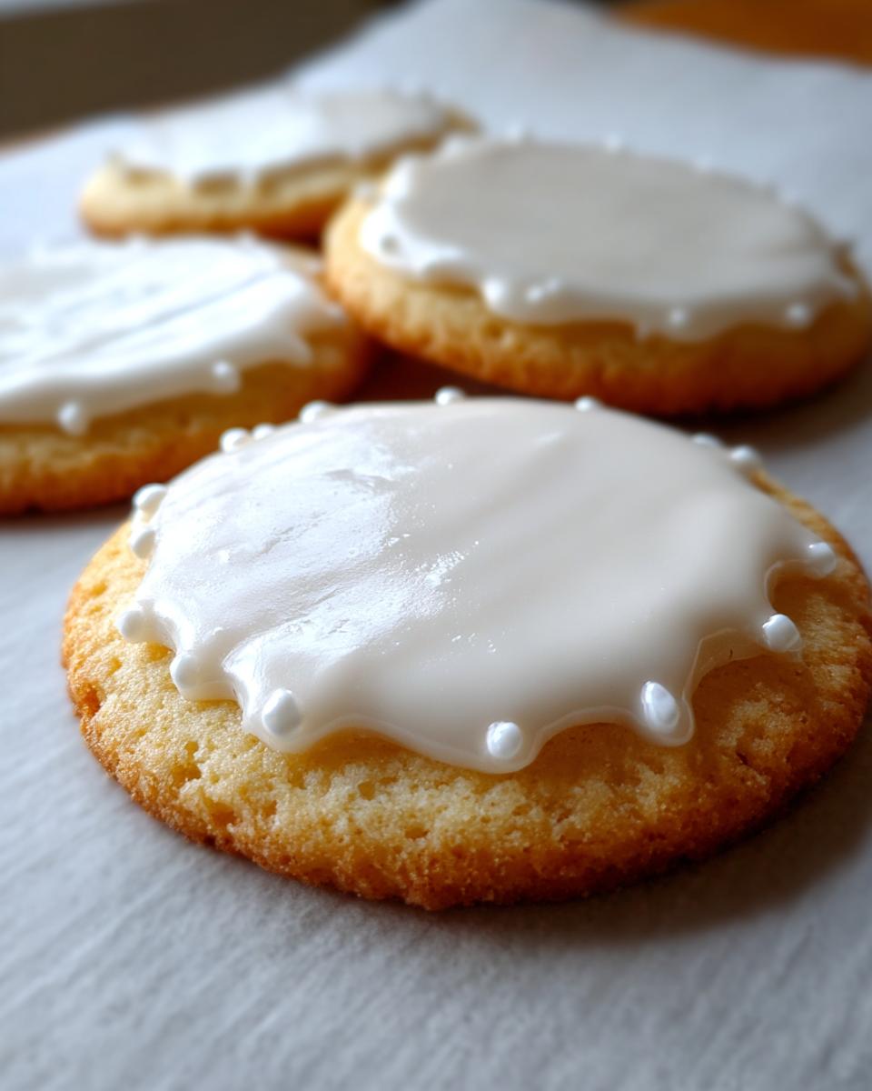 Close-up of round sugar cookies topped with smooth, white sugar cookie icing and small white nonpareils.