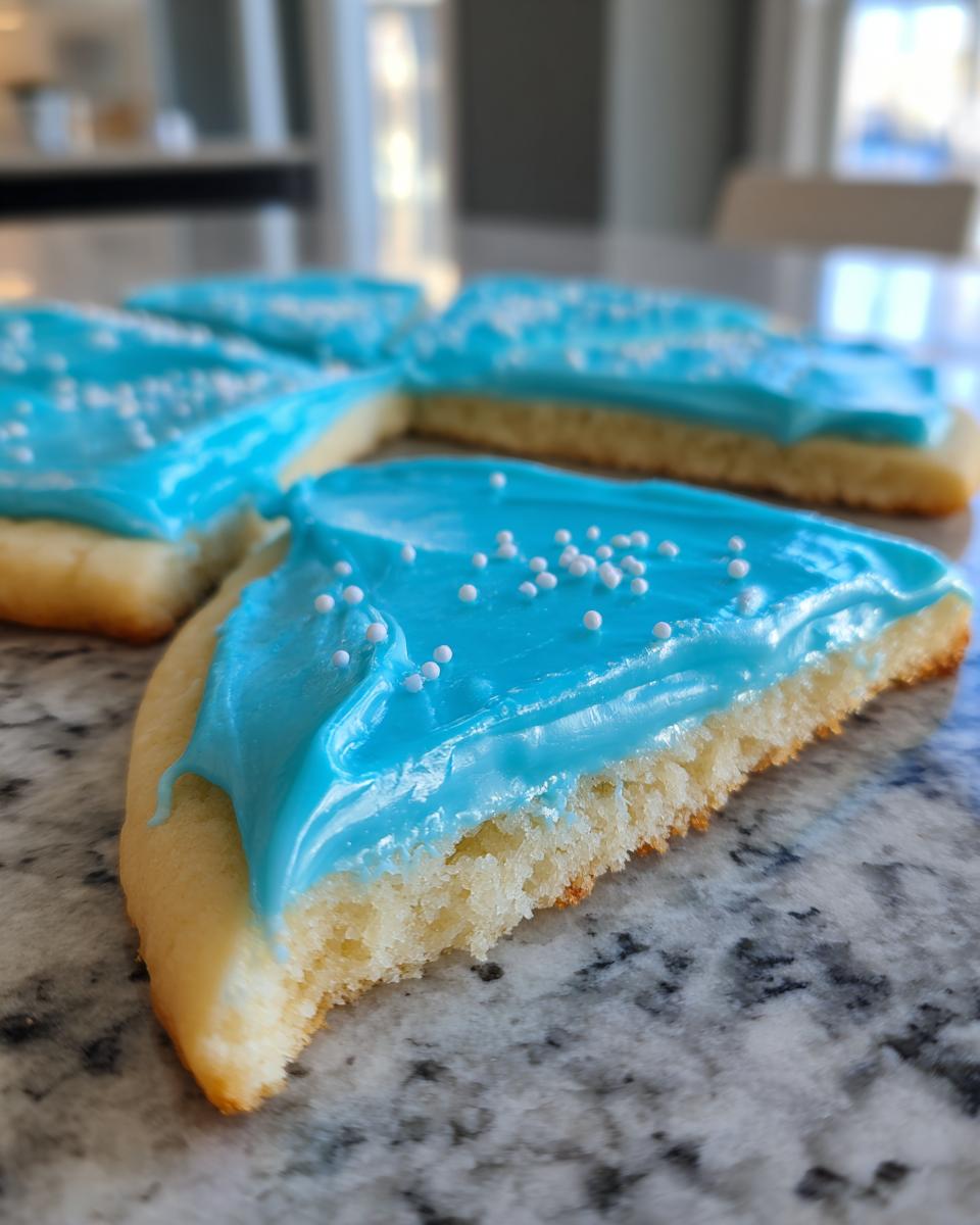 Close-up of a sugar cookie slice with bright blue sugar cookie icing that hardens, topped with white sprinkles.