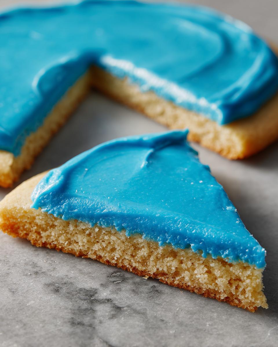 Close-up of a slice of sugar cookie topped with vibrant blue sugar cookie icing that hardens.