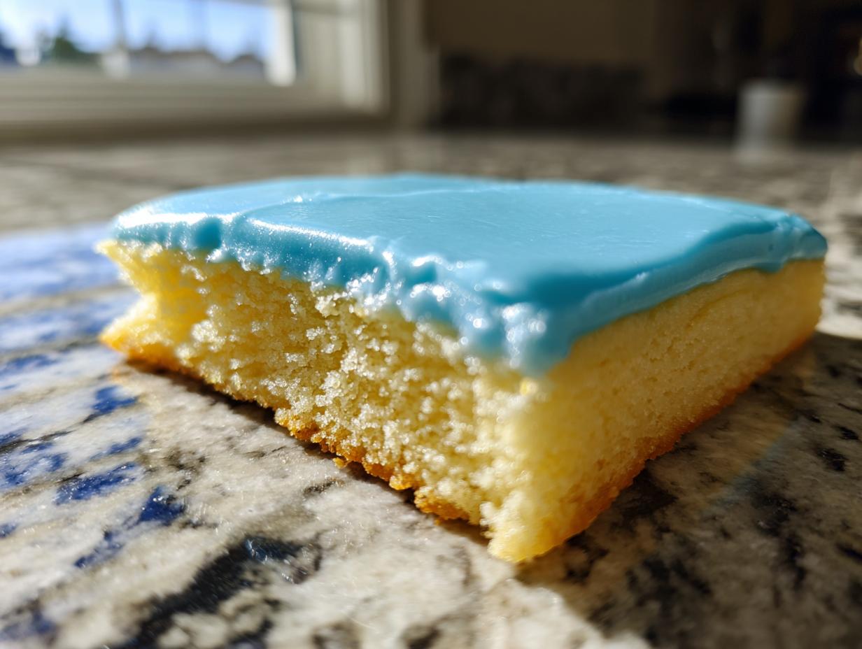 Close-up of a square slice of yellow sugar cookie topped with smooth, bright blue sugar cookie icing that hardens.