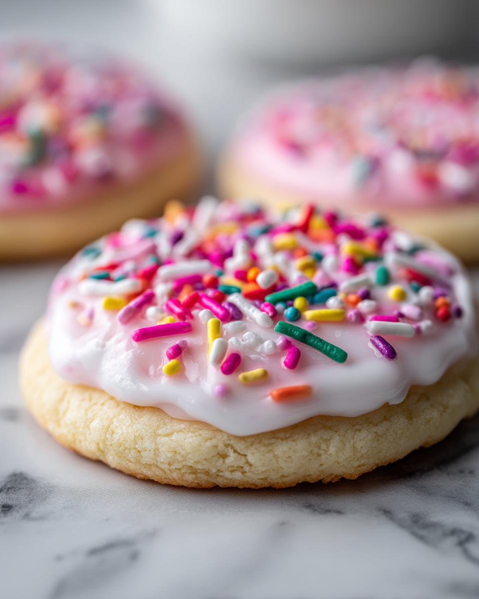 Close-up of a soft sugar cookie topped with thick, white sugar cookie icing and bright rainbow sprinkles.