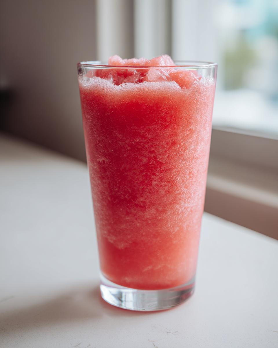 A tall glass filled with a bright pink, icy watermelon smoothie, topped with small chunks of watermelon.