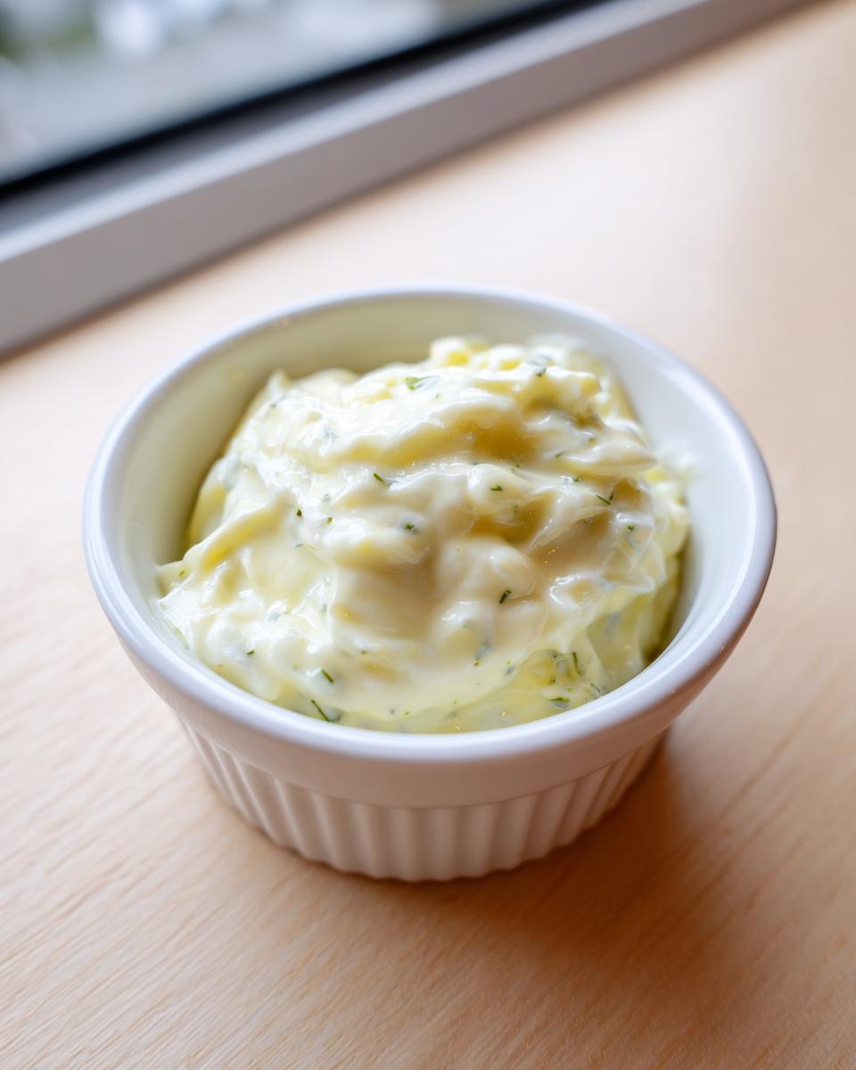 A close-up of creamy homemade tartar sauce recipe in a small white fluted ramekin on a wooden surface.