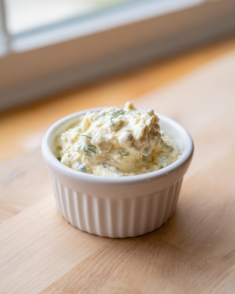A small white ramekin filled with creamy homemade tartar sauce recipe, garnished with fresh dill.