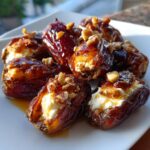Close-up of several glazed stuffed dates filled with cream cheese and topped with chopped nuts.