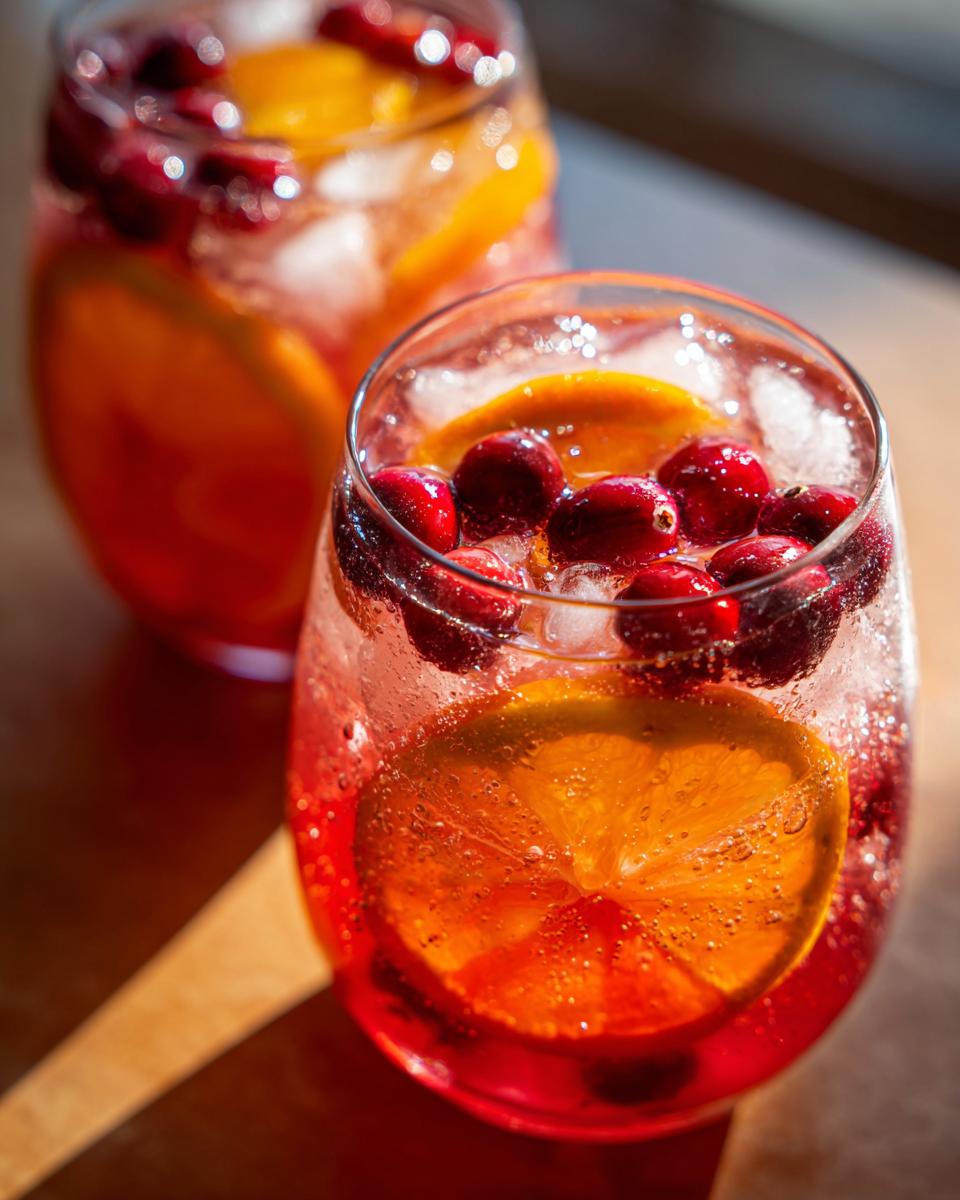 Close-up of a glass filled with sparkling thanksgiving punch, garnished with fresh cranberries and an orange slice.