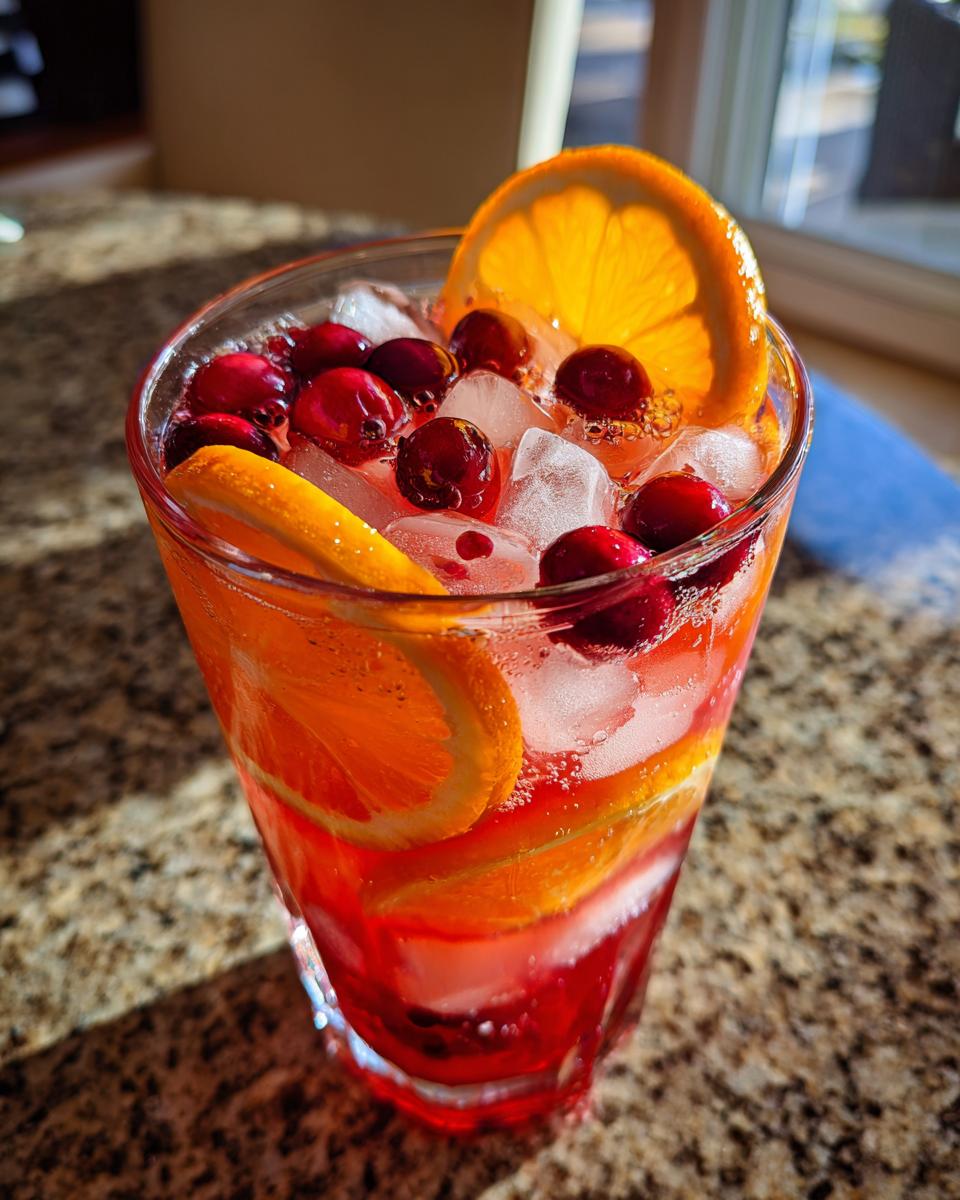 Close-up of a tall glass filled with ice, red liquid, fresh cranberries, and orange slices, perfect for thanksgiving punch.