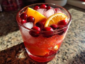 Close-up of a glass filled with sparkling red thanksgiving punch, ice, fresh cranberries, and orange slices.