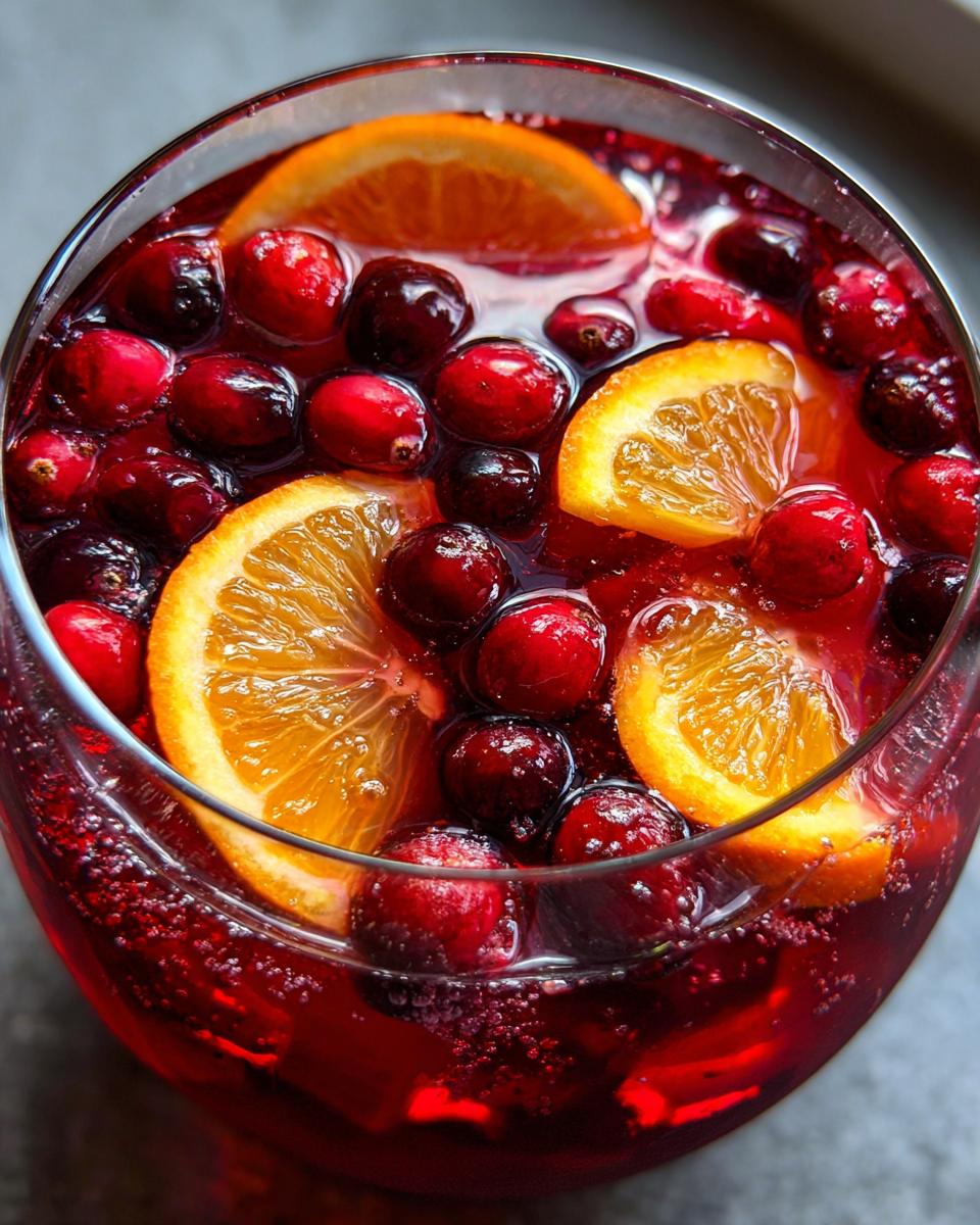 Close-up overhead view of a glass filled with sparkling red thanksgiving punch garnished with fresh cranberries and orange slices.