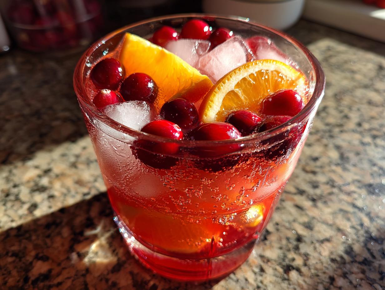 Close-up of a glass filled with sparkling red thanksgiving punch, ice, fresh cranberries, and orange slices.