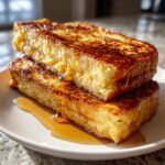 Two thick slices of golden brown french toast stacked and drizzled generously with maple syrup.