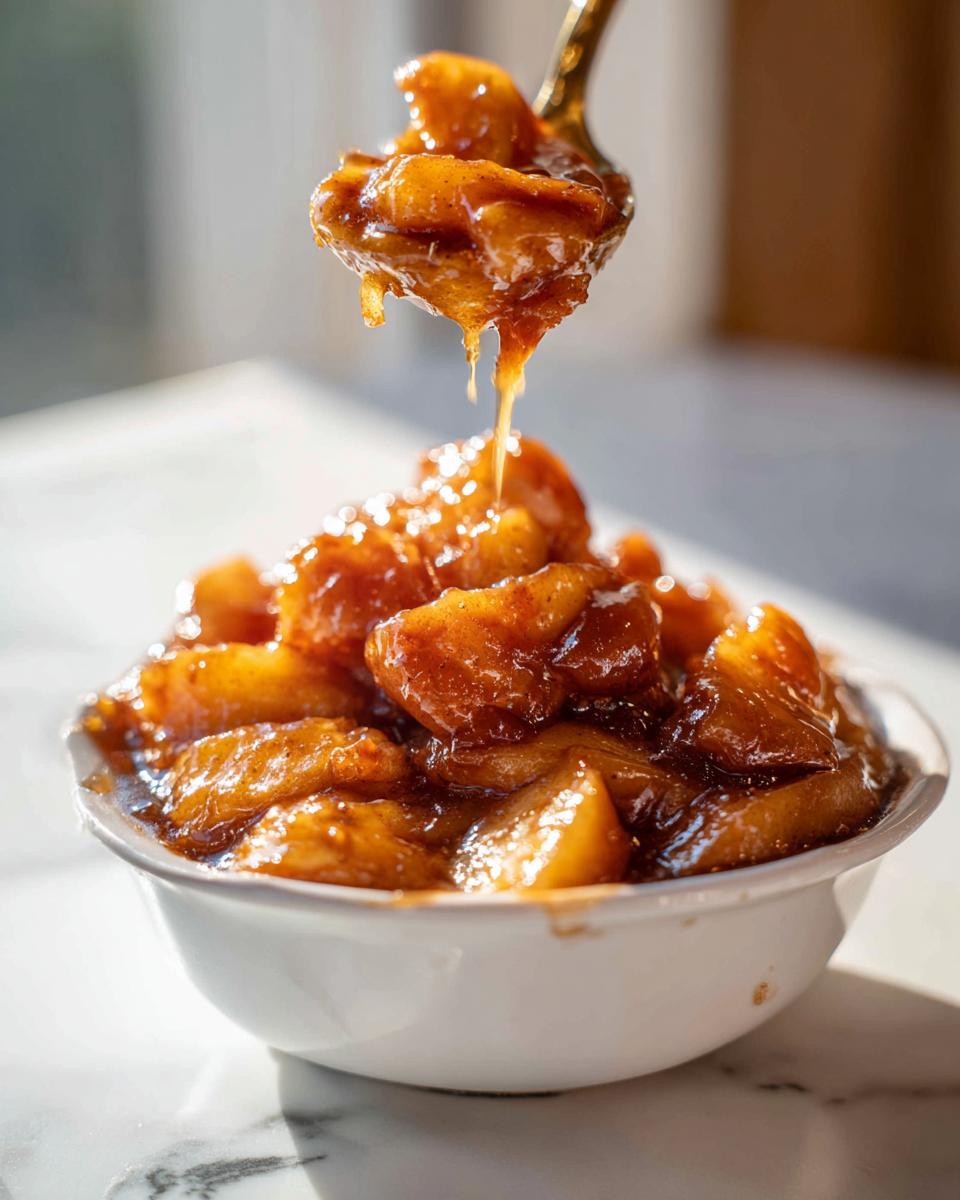 Close-up of thick, glossy apple pie filling being scooped from a white bowl with a golden spoon, showing dripping glaze.