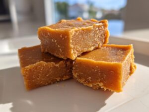 Three golden-brown squares of homemade penuche fudge stacked on a white plate in bright sunlight.