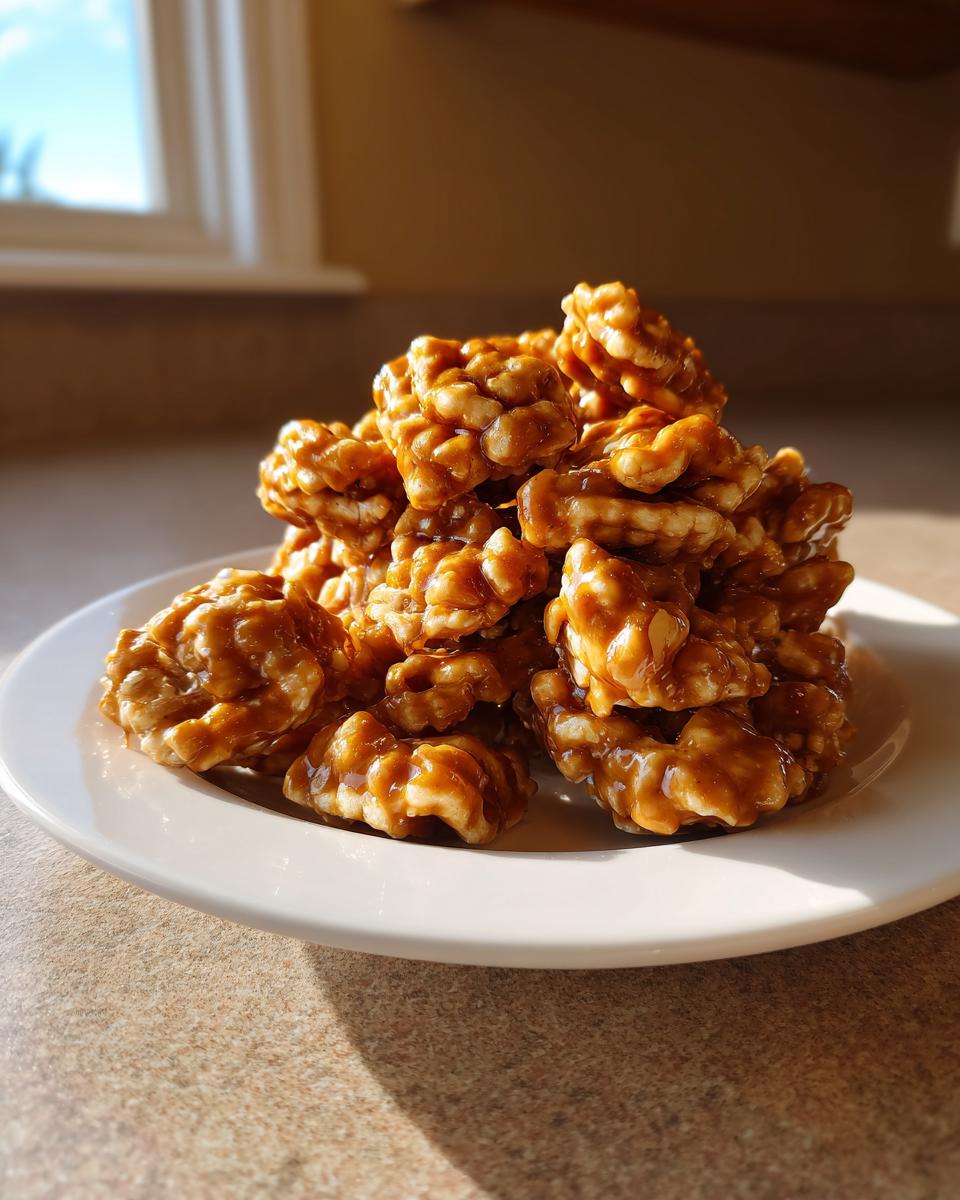 A pile of walnuts coated in shiny, thick toffee glaze, ready for a toffee chex mix recipe.