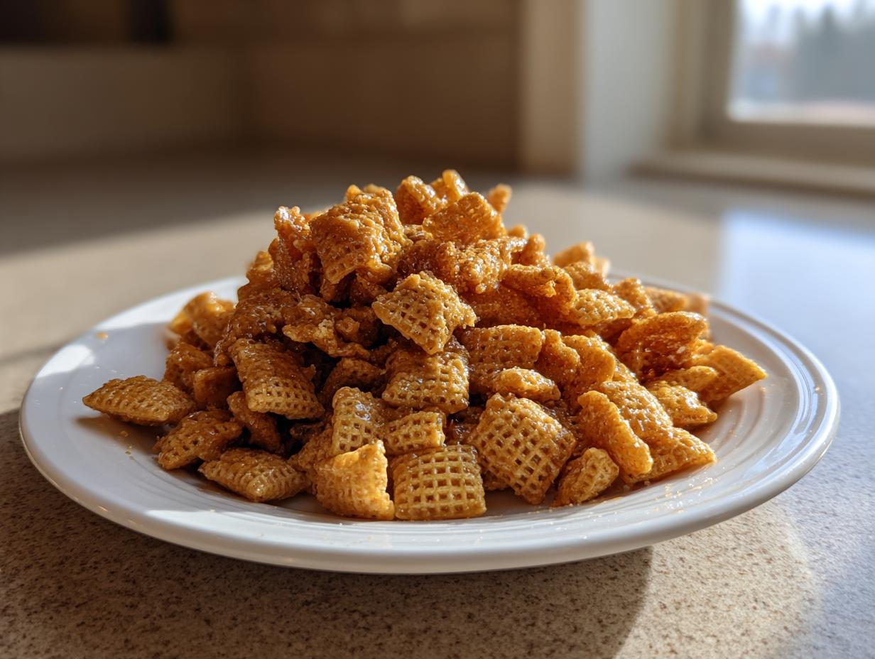 A generous pile of golden brown, glazed Chex cereal pieces ready for the toffee chex mix recipe.
