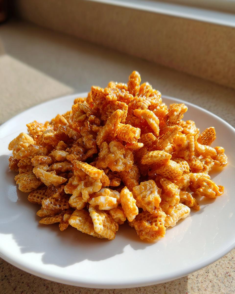 A mound of shiny, golden-brown toffee chex mix recipe clustered together on a white plate.