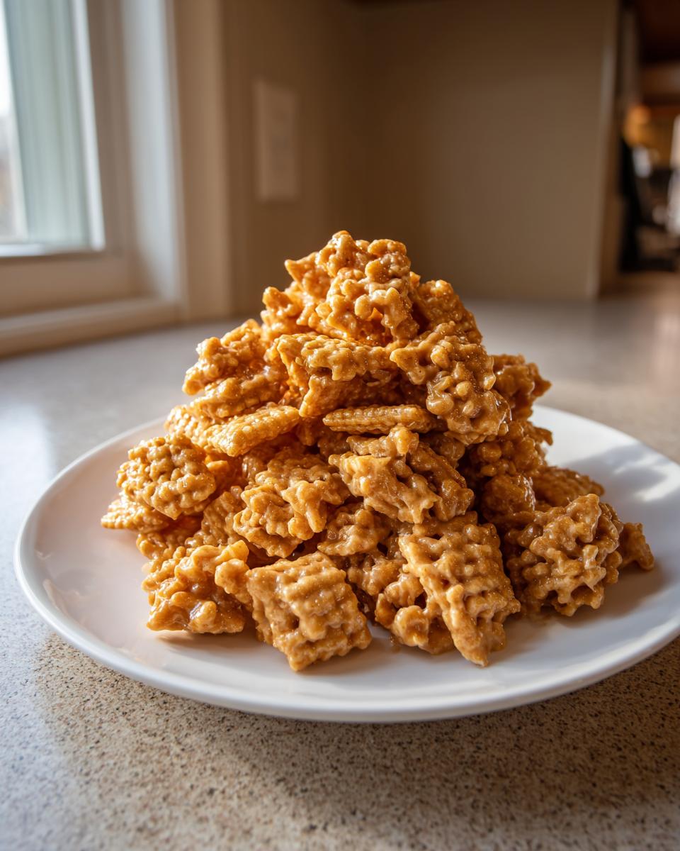 A large mound of sticky, golden-brown toffee chex mix recipe pieces piled high on a white plate.