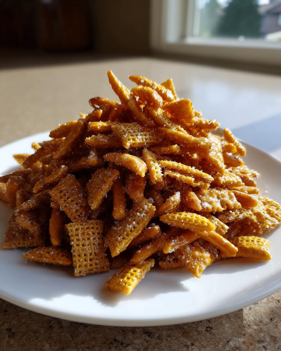 A close-up mound of golden, crunchy toffee chex mix recipe pieces sprinkled with sugar on a white plate.